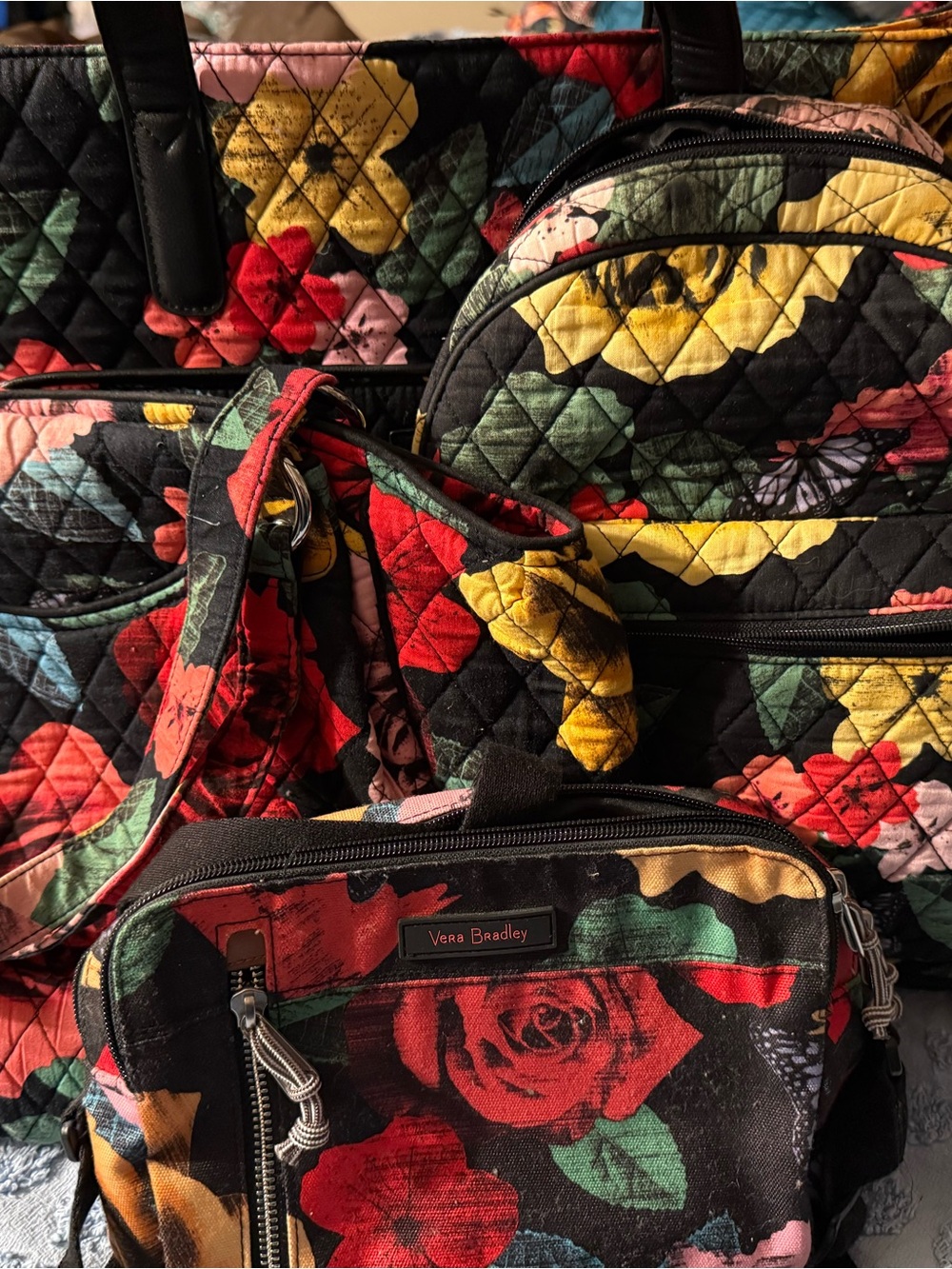 Vera Bradley Black Multi Floral Quilted Tote and Crossbody Set